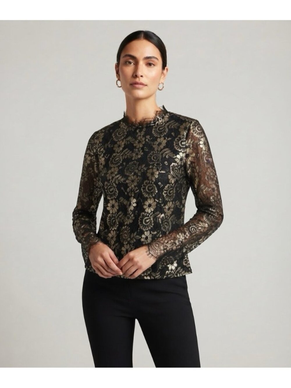 Ultra Pink Women's Black Gold Floral Lace Long Sleeve Top Blouse NWT Size Medium